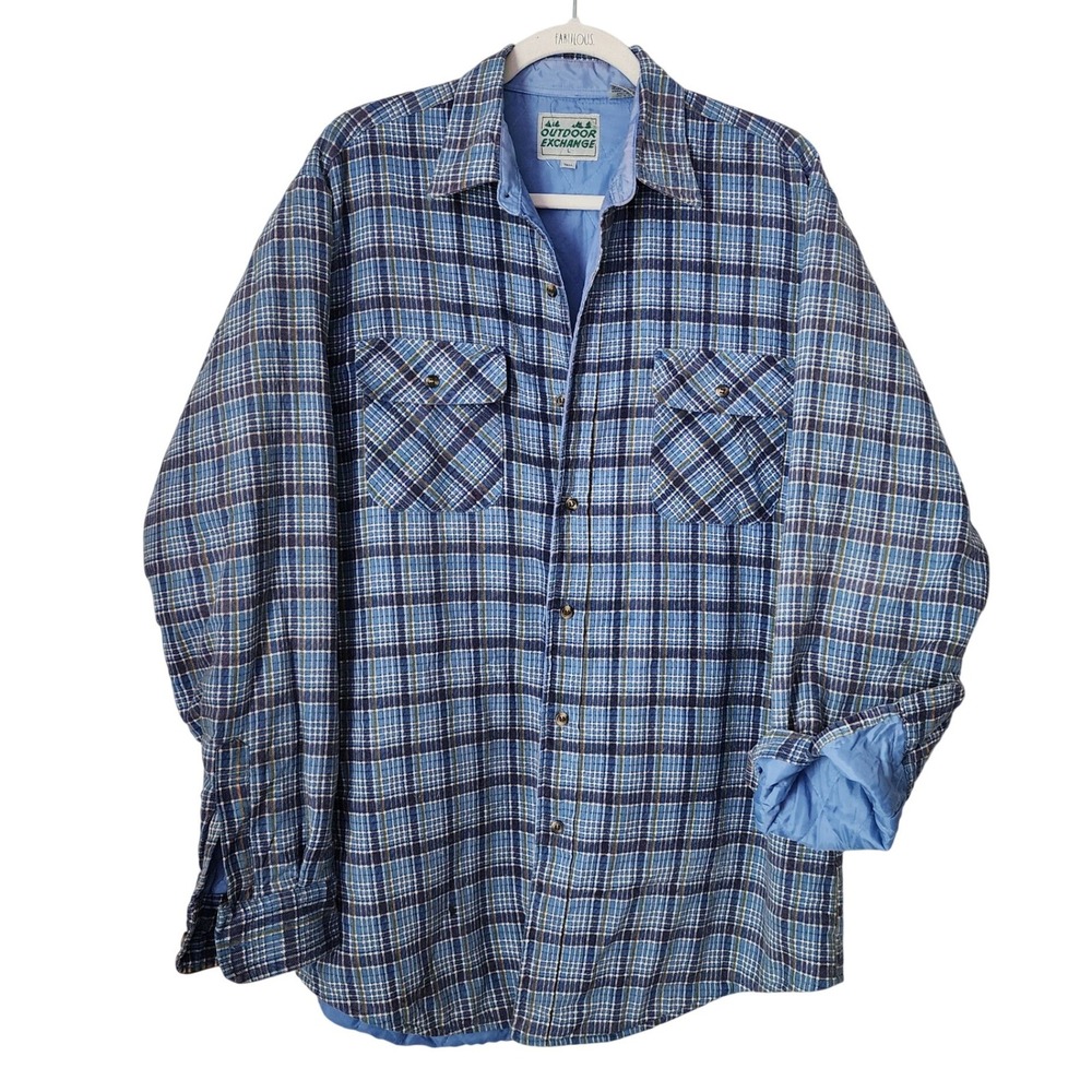 OUTDOOR EXCHANGE vintage 90s nylon quilted lined plaid‎ button down shacket LT